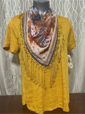 ONE WORLD Mustard Short Sleeve Fringe Tunic with Multicolor Scarf